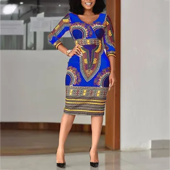 Ženy Retro Vytlačené Sexy Bodycon Šaty V Krku Vintage Úrad Práce Elegantné Štíhle Dámy Práce Nosiť Žena Afriky Móda Jeseň