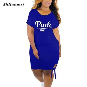 Ženy Rovné Šaty Ružové List Tlač Letné Krátke Voľné Šaty okolo Krku Plus Veľkosť Streetwear T Shirt Dress 3XL