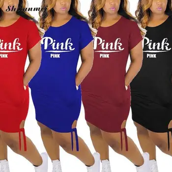 Ženy Rovné Šaty Ružové List Tlač Letné Krátke Voľné Šaty okolo Krku Plus Veľkosť Streetwear T Shirt Dress 3XL