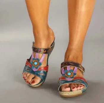 Ženy Sandále 2020 Letné Dámske Topánky Kožené Kvetinový Sandále Ženy Bytov Retro Topánky Žena Veľké Zásoby
