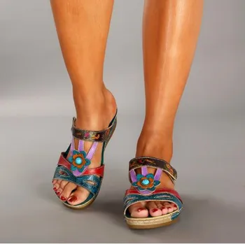 Ženy Sandále 2020 Letné Dámske Topánky Kožené Kvetinový Sandále Ženy Bytov Retro Topánky Žena Veľké Zásoby
