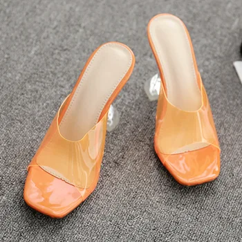 Ženy Sexy Sandále PVC Vysoké Podpätky Módne Dámy Papuče Plus Veľkosť Štvorcové Prst Transparentné Čerpadlá Nové Ženské Letné Topánky