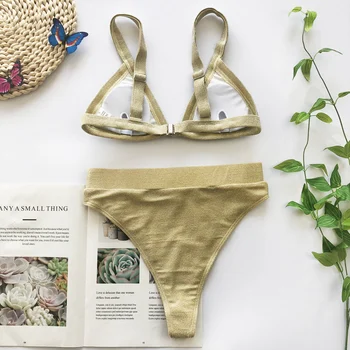 Ženy Sexy Tangá Brazílsky Biquini Špeciálneho Materiálu Bikini Set 2020 Lete Plavky Zlaté Vysoký Pás Pláž, Kúpanie Oblek