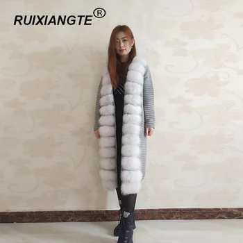 Ženy, skutočné kožušinový kabát pravej vlny pletenie s fox golier teplý zimný kabát reálne fox kožušiny plášť zimný dlhý vrchné oblečenie RuiXiangTe