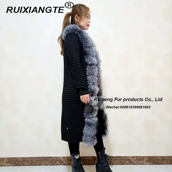 Ženy, skutočné kožušinový kabát pravej vlny pletenie s fox golier teplý zimný kabát reálne fox kožušiny plášť zimný dlhý vrchné oblečenie RuiXiangTe