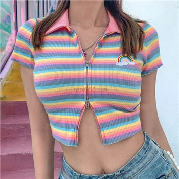 Ženy Sladké Rainbow Výšivky T-Shirt Klope Dvojité Zips Delené Predné Krátky Rukáv Plodín Top Farebné Pruhy Rebrovaný Srůsty Slim