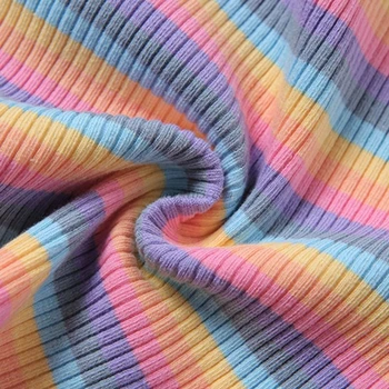 Ženy Sladké Rainbow Výšivky T-Shirt Klope Dvojité Zips Delené Predné Krátky Rukáv Plodín Top Farebné Pruhy Rebrovaný Srůsty Slim