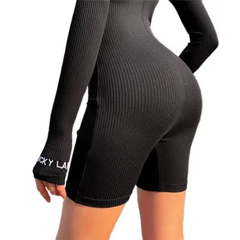Ženy Solid Black Rebrovaný Krátke Jumpsuit Dlhý Rukáv Vysoká Krku List Vyšívané Romper Slim Playsuit