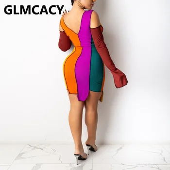 Ženy Svetlice Rukáv Studenej Ramenný Colorblock Pathwork Šaty Elegantné Slim Backless Mini Šaty