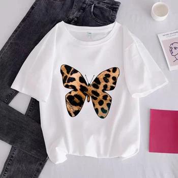 Ženy T-Tričko Krátky Rukáv Lady T Shirt Leopard Motýľ Tlače Lete Žena Plus Veľkosť Módne Topy Tees Femme Košele Ulzzang