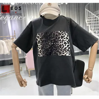 ženy tričko leopard tlač harajuku ročníka Letnej All-zápas Top Voľné tričko Krátky Rukáv kórejský ulzzang biela čierna tričko