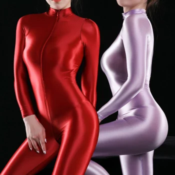 Ženy Ultra Lesklé Kombinézu 2-Pásmový Zips Plavky Trikot Jumpsuit Clubwear XRQ88