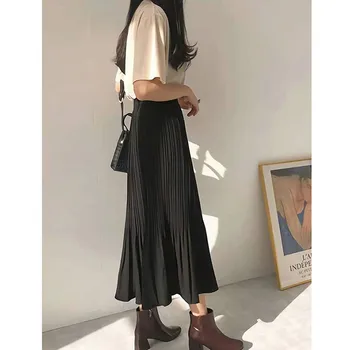 Ženy Vintage Skladaný Midi Dlhé Sukne Ženy kórejský Bežné Vysoký Pás Šifón Sukne Letné Čierne Biele A-line sukne Jupe Faldas