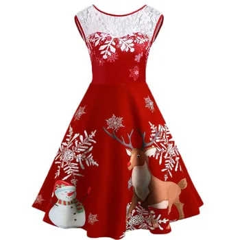 Ženy Vintage Vianočné Vytlačené Krátky Rukáv Luk Uzol Swing Šaty, Oblek Pre Vianočný Večierok A Na Denné Nosenie, Zimné Šaty 2021