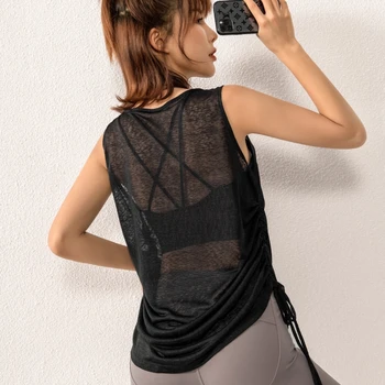ženy voľné bežné Ťahanie lana rozstrapatené športové top prehltnúť fitness joga vesta-krátke rukávy T-shirt