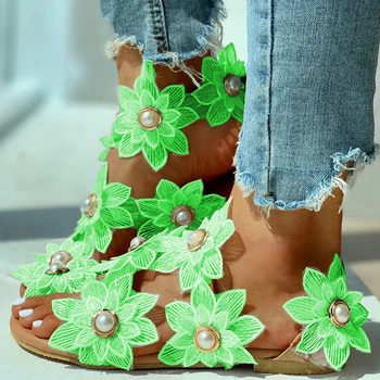 Ženy Voľný Čas Sandále Bohemia Štýl Letné Topánky Pláži Dovolenku Komfortné Ploché Módne Sandále Otvorené Prst Pearl Flower Sandále