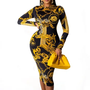 Ženy Vytlačené Bodycon Šaty Dlhé Rukávy Chudá Sexy Štíhla Package Hip Elastické Veľkosť Dámska Móda Afriky Vestidos Nové