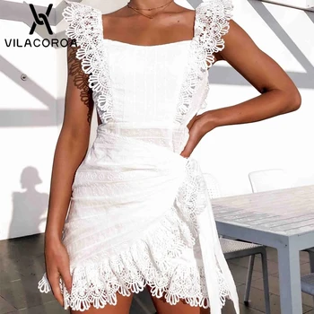 Ženy Vyšívané Šaty, Sexy Čipka Backless Asymetrické Vintage Námestie Krku dámske Šaty Bežné Elegantné Biele Mini Šaty
