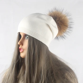Ženy zimné vlna pletené čiapky pompom čiapočku prírodné fox kožušiny strapce klobúk farbou príčinné klobúk spp