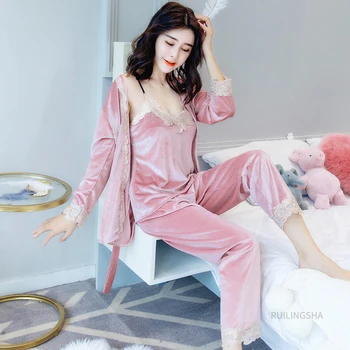 Ženy Zimné Zlato Velvet Pajama Sady Plus Veľkosť Sexy Kimone Sleepwear Čipky, Výšivky 3 Kusy Oblečenie Pre Voľný Čas Pijama Odev Móda