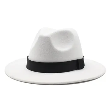 ženy, zimné čiapky pása s nástrojmi pás kapela fedora tiež splstené klobúky Vintage bežné biela čierna jazz čiapky široký okraj pevné jednoduché muži ženy čiapky