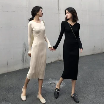 Ženy Zrastov Maxi Šaty 2020 Jeseň Zima Bežné tvaru Dlhý Rukáv Šaty Štíhle Dlhé Šaty