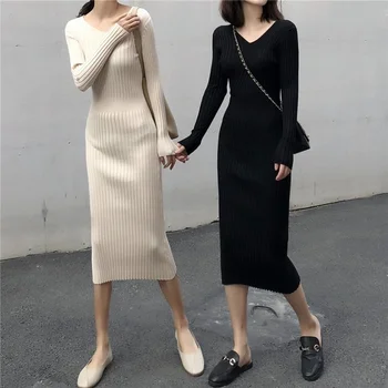 Ženy Zrastov Maxi Šaty 2020 Jeseň Zima Bežné tvaru Dlhý Rukáv Šaty Štíhle Dlhé Šaty