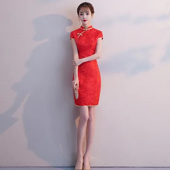 Ženy Červené Dlhé Čínske Tradičné Šaty Lady Elegance Krátky Rukáv Cheongsam Hotelovej Reštaurácii Zamestnancov Qipao Svadobné Party Šaty