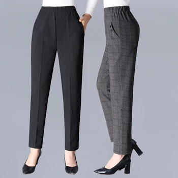 Ženy čierne Kockované Nohavice Elegantným prúžkom vrecká, Elastický Pás dámy streetwear 2020 Plus Veľkosť Bežné Elegantné Nohavice pantalones