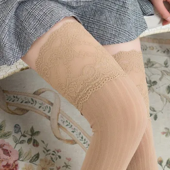 Ženy Čipkou Trim Stehna Vysoko Nad Kolená Ponožky Dlho Bavlna Teplé Pančuchy
