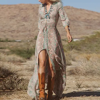 Ženy Šaty Boho tvaru Kvetinový Vytlačené Bežné Pláž Dlhá Maxi Šaty EIG88