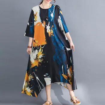 Ženy Šaty Plus Veľkosť 2020 Lete Sundress Umenie Etnických Vytlačené Maxi Dlhé Šaty Vintage Bavlny-Line Šaty Župan Femme Vestidos