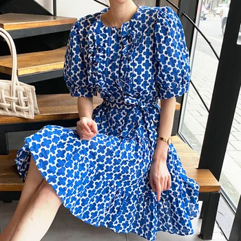 Ženy Šaty Tlač Lístkového Rukáv Volánikmi Slim Elegantné Šaty kórejský 2021 Lete Slim Modrá Módne Oblečenie Vestidos Bežné XC155