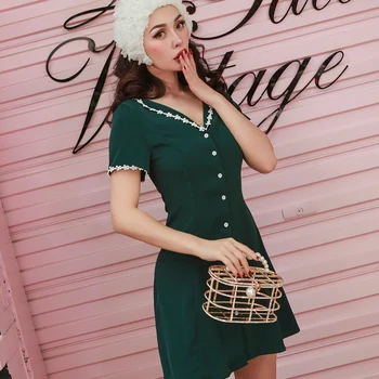 Ženy Šaty Tmavo Zelenej Čipky Pás Šaty Šifón Vintage ženských Šatách Nad Kolená Mini tvaru ženských šiat Bodycon Šaty