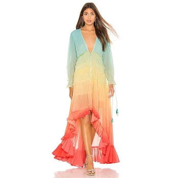 Ženy Šifón Šaty Maxi Holiday Beach Šaty s Dlhým Rukávom Hlboké V-Neck Sexy Nepravidelný Rainbow Volánikmi Boho Inšpiroval púšti Šaty