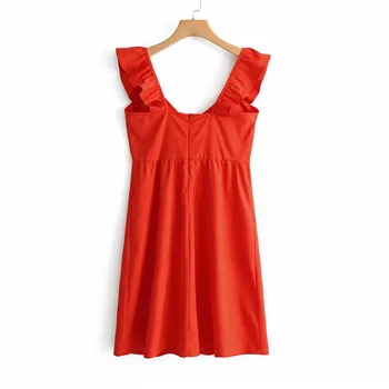 Ženy štýl V krku volánikmi mini šaty červené sladké ženské šaty pevné backless sleeveles elegantné vestidos