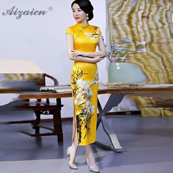 Žltá Elegantný Retro Tlač Cheongsam Dlhé Šaty Qi Pao Ženy Čínske Tradičné Oblečenie Šaty Qipao Podobné Hodvábny Župan