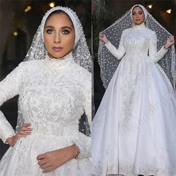 Župan de mariee Zákazku Vysokej Krku, Dlhými Rukávmi Moslimských Svadobné Šaty 2020 Luxusné Princezná Čipky plesové Šaty, Svadobné Šaty