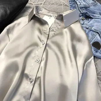 рубашка женская 2021 jar a na jeseň satin tričko dámske jednofarebné dlhým rukávom voľné klesnutie tričko блузка женская блузка