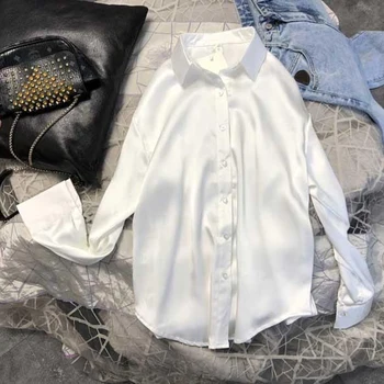 рубашка женская 2021 jar a na jeseň satin tričko dámske jednofarebné dlhým rukávom voľné klesnutie tričko блузка женская блузка